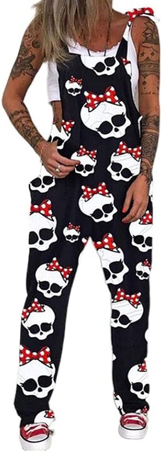 PAODIKUAI Women's Casual Skull Printed Overalls Loose Rompers Jumpsuit with Pockets