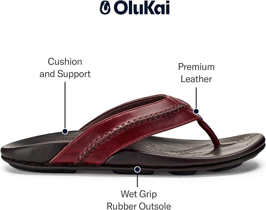 Image of OluKai Mea Ola Men's Leather Beach Sandals, Soft & Durable Flip Flops | Arch Support & Comfort Fit, Enhanced Grip & Traction