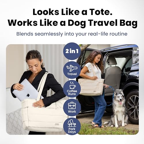 Image of Puffer Dog Travel Bag for Dog Moms, Diaper Bag with Travel Bowls | 2 BPA-Free Collapsible Bowls, 2 Pet Food Containers, 9 Pockets, Everyday Puffer Bag Works With or Without Your Dog, Beige