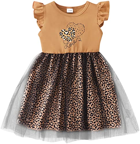 Girls Leopard Dress Tulle Dress For Toddler Girls Ruffle Sleeve Tutu Sundress Summer Clothes Baby Girl Leopard Outfits Cheetah Print Dress 3-4T 1313 #TOP12