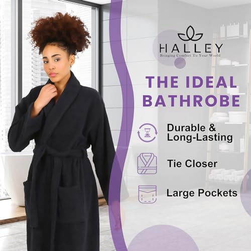 Image of HALLEY Luxury Bathrobe for Women & Men, Shawl Collar Spa Bath Robes Terry Cotton Ultra Soft Shower Robe with Pockets - Black