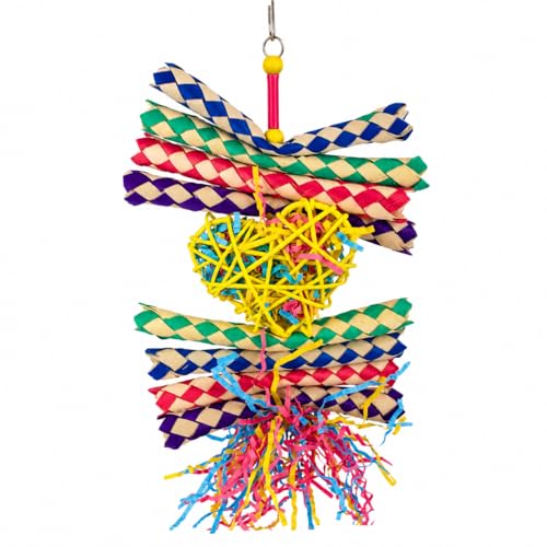 Bonka Bird Toys 1730 Foraging Valentine Heart Bird Toy for Medium Birds Shredding and Chewing Cage Toy Colorful Palm Leaf and Paper Foraging Toy 9" x 6"