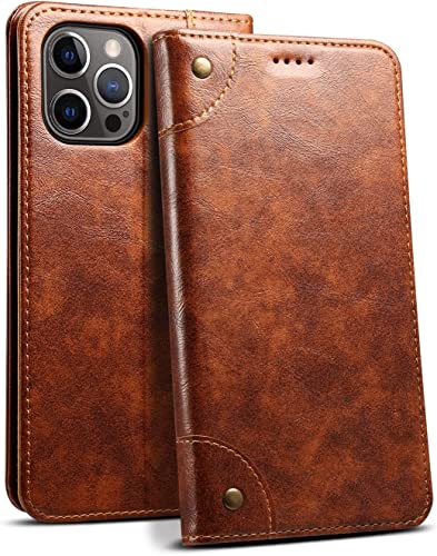 Funda tipo cartera para iPhone 14 Pro de piel sintética vintage con tarjetero color marrón