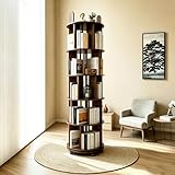 Kryonix Solid Wood Rotating Bookshelf on Wheels, 5 Tier Spinning Book Shelf Tower, 360Β° Revolving Bookcase, Corner Round Rolling Bookshelves for Small Spaces, Bedroom, Office, Kids Room (Walnut)