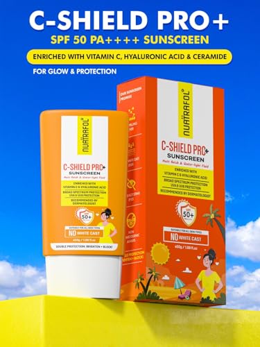 Image of NUATRAFOL Vitamin C-Shield Pro+ Sunscreen | SPF 50 PA++++ | Matte Finish & Water-Light Fluid | With 10% Vitamin C, 1% Hyaluronic Acid & 1% Ceramide | No White Cast | Broad Spectrum UVA /UVB Protection | 50gm