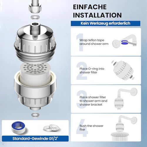 VOXON 36 Stufen Duschfilter, Vitamin C Duschfilter für hartes Wasser, Shower Filter mit 1 Filterpatronen, Duschfilter für Wasserenthärter, Kalkfilter Dusche zur Entfernung von Fluorid Chlor Kalk