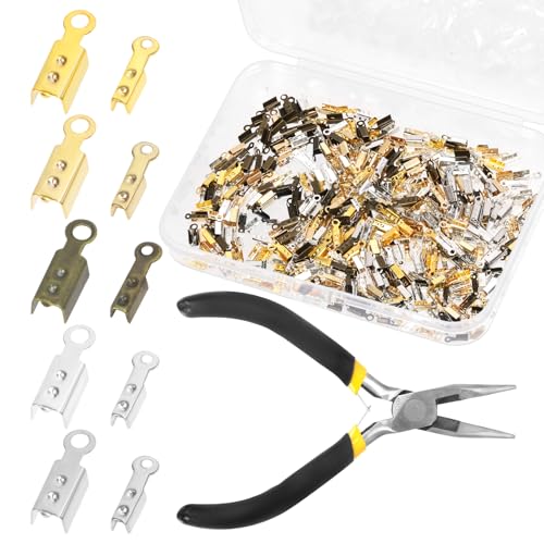 Tanstic 600 St&uuml;ck Faltbare Kordelenden mit Zange, Crimp-Endst&uuml;cke Lederband-Endverschl&uuml;sse f&uuml;r die Schmuckherstellung DIY-Basteln