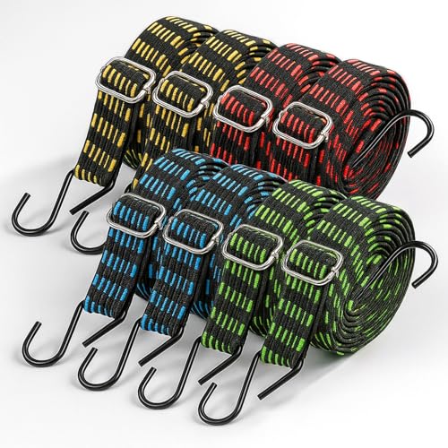 8 Pcs 77-84 Inch Adjustable Flat Bungee Cords with Hook Heavy Duty Outdoor Elasticity Straps Long Flat High Elastic Rubber Bungee Straps for Moving Luggage Cargo Tarps Colorful
