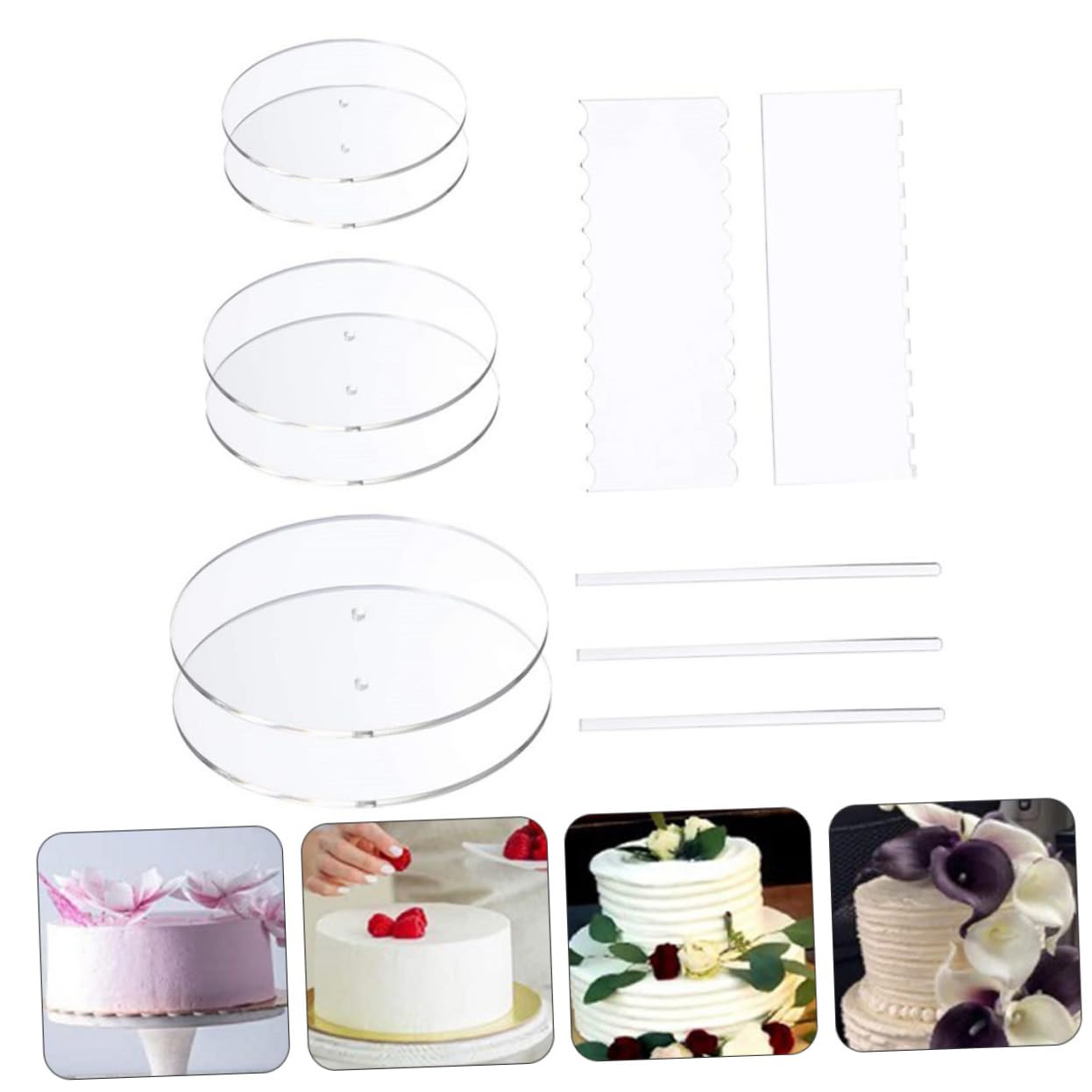 BESTYASH Set de Outils de Décoration Pâtisserie Acrylique Transparent avec Disques Ronds Grattoirs et Piliers Accessoires pour Découpe et Finition de Gâteaux