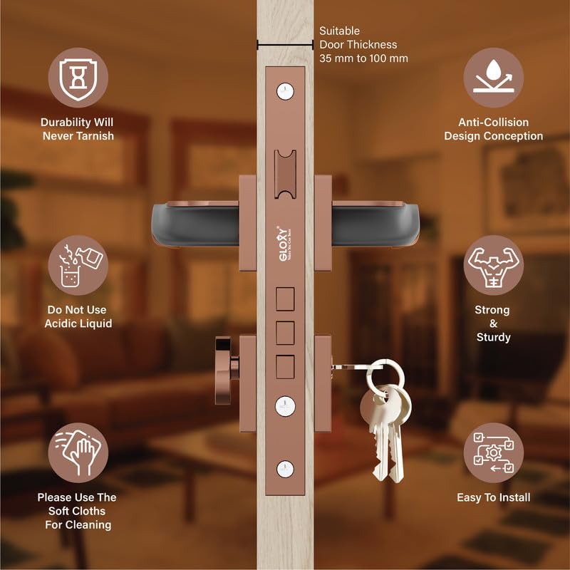Image of GLOXY Premium Main Door Lock Handle - Zinc Main Door Lock Set with 3 Brass Keys - Rose Gold & Black Finish Door Handle Lock for Bedroom, Home & Office Doors - Heavy Duty Lock Body with 2 Year Warranty