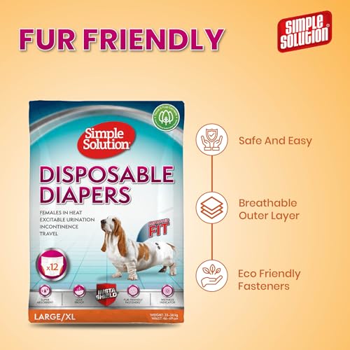 Image of Simple Solution Disposable Diapers for Dogs, Insta Shield Core, Leak-Proof, Fur-Friendly Fasteners, Ideal for Females in Heat, Incontinence & Travel - Pack of 12 (L-XL)