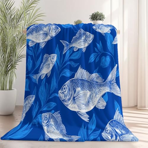 150×200 cm Flanell Kuscheldecke für Kinder, Blau Weiche Sofadecke, Tagesdecke, Couchdecke mit Handgemalte Textur Blätter Fisch Motiven, Flauschig, Warm, Plüsch, Room Decor