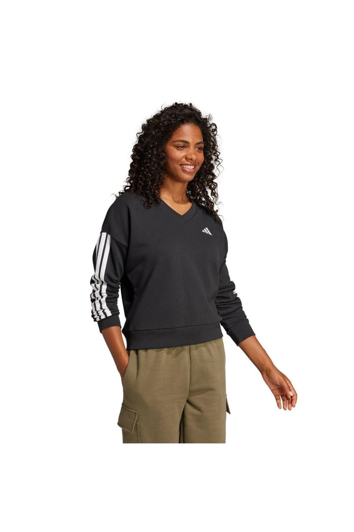 adidas dames ESSENTIALS 3 STRIPES FRENCH TERRY V-NECK SWEATSHIRT, black/white, XS