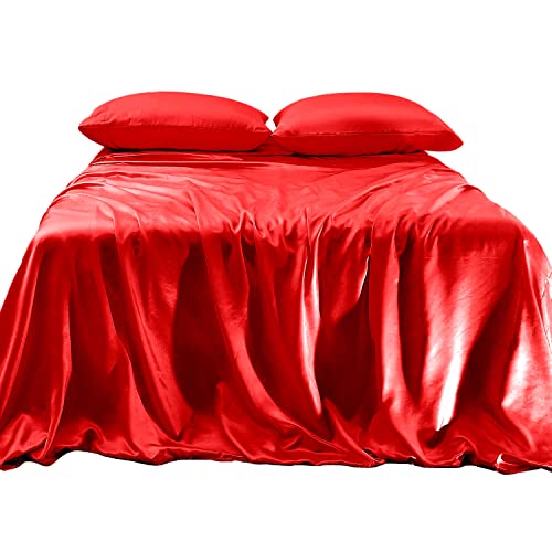 Elegant Comfort Luxurious 4-Piece Silky Satin Sheet Set, Skin and Hair Friendly, Wrinkle, Fade, Stain Resistant with Deep Pockets Fitted Sheet, Cooling Soft Satin Sheet Set, Twin XL, Red