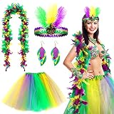 Retisee 4 Pcs Mardi Gras Headband Mardi Gras Feather Boa Tutu Skirt Earrings for Women Girls Mardi G