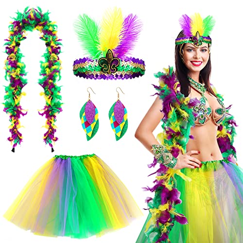 Retisee 4 Pcs Mardi Gras Headband Mardi Gras Feather Boa Tutu Skirt Earrings For Women Girls Mardi Gras Outfit Accessory Set Mardi Gras Carnival Party #TOP12