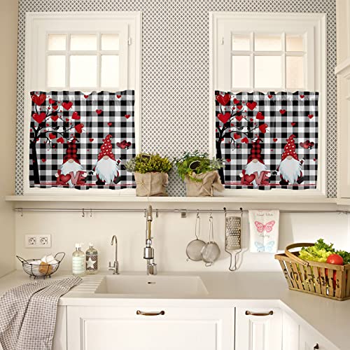 Valentines Kitchen Curtain Set Gnome Rod Pocket Kitchen Tier Curtains Valance Set 3 Piece Red Love Heart Tree Valentines Day Window Curtain Valance Tier Set 54 X 36 In,Black White Buffalo Check Plaid #TOP2