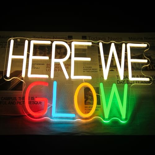 Image of Here We Glow Neon Sign Congrats Grad LED Light for Prom Night Party Decor | Dimmable Letter Neon Lights for Bedroom, Prom Light Up Signs, Acrylic Wall Art, USB Powered, Graduation Backdrop Decor, Gifts