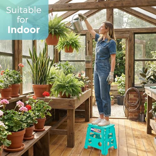 Image of ACKO Folding Step Stool 13 Inch, Sturdy Collapsible Step Stool Foldable Up to 300 lbs for Adults, Non Slip Lightweight Foot Stools with Handle, Ideal for Kitchen, Bathroom, Bedroom, Garden, Teal