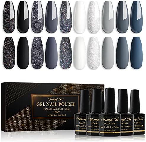 Shining She Gel Nail Polish Set, 10 Colors Nude Pink White Brown Glitter Gold Sliver Gel Polish Set Soak-Off UV/LED Manicure Gift for Women Nail Art Salon DIY Home, 8ML