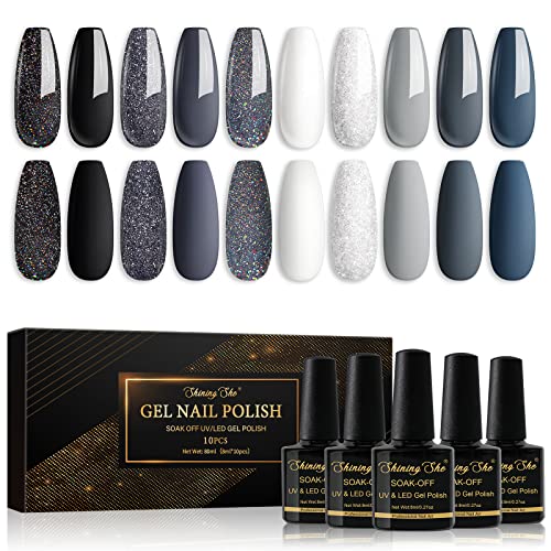 Shining She Nail Polishes Set, 10 Colours White Glitter Grey Black Glitter Sliver Pastel Gel Polish Set Soak-Off UV/LED Nail Polish Gel Manicure for Nail Art Salon DIY Home, 8ML