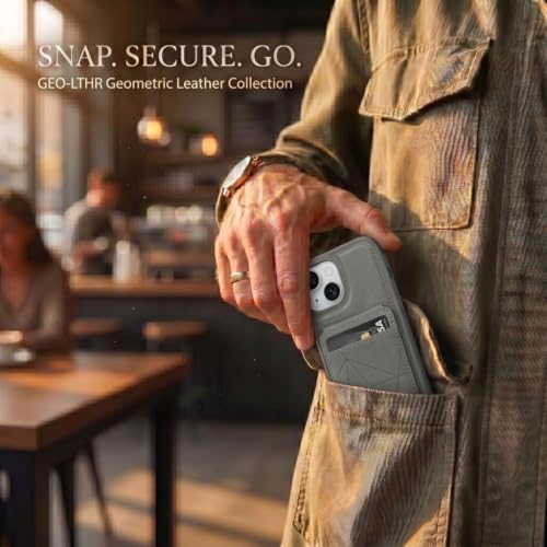 Image of amazon basics Premium Vegan Leather Back Cover with Card Holder and Integrated Mobile Stand for iPhone 15 - Slim Shockproof Wallet Case with Geometric Stitching [Gray]
