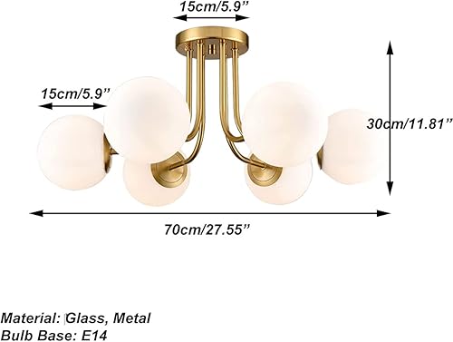 Miniatura 6 de AOODU Lámpara de techo de montaje empotrado dorada de 3 luces, lámpara de techo con globo blanco, pantalla de vidrio de mediados de siglo, lámpara