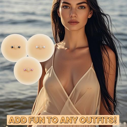 Image of Nimiah Chic Piercing-Style Nipple Covers - Silicone Breast Petal with Studs Jewelry 3 Pairs Rave Boob Pasties for Festival Party Beige
