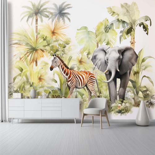 Papel Pintado Pared Panorámico 350 x 256 cm Papel pintado no tejido, Tamaño personalizado, Animales de la selva acuarela bebé elefante Papel Pintado 3D Verde claro Para Salón Dormitorio Decoración