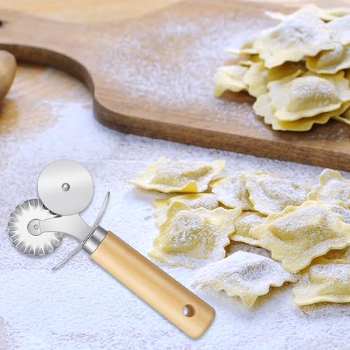 Sibba Double Wheel Fluted Pastry Cutter Roller Ravioli Pasta Crinkle Pizza Cutters Crimper Wheel with Wooden Handle for Dumpling Lace Dough Noodle Cookie, Food Cutting Tool for Home and Kitchen Use - Thumbnail 3