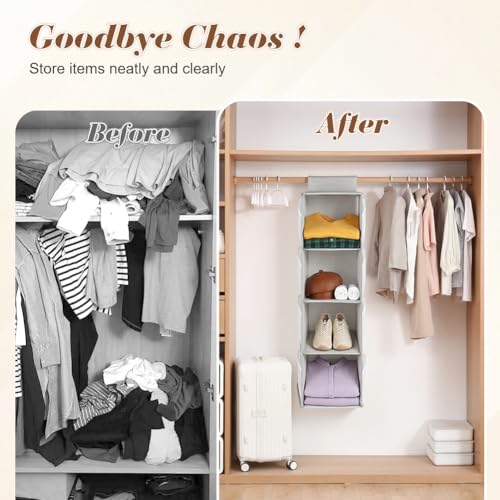 AOOWU Hängeorganizer, Kleiderschrank Organizer Hängend mit 4 Fächern, Hängeregal, Hängeaufbewahrung mit 8 Seitentaschen, Ordnungssystem Kleiderschrank,Tür-Organizer Faltbar und mit Klettverschluss