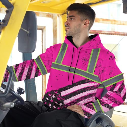 HiVis Custom Reflective Hoodie Pink Color US Flag Paint FBA Hi Vis High Visibility Hoodie For Men Safety Construction Workwear For Workers, Truckers, Operators, Patriotic-S — view 2