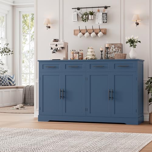 HOSTACK 60 Large Buffet Sideboard with Storage 36 Tall Kitchen Buffet Storage Cabinet with 4 Drawers Modern Coffee Bar Cabinet with Black Handles Long Sideboard Buffet Table for Kichen Blue