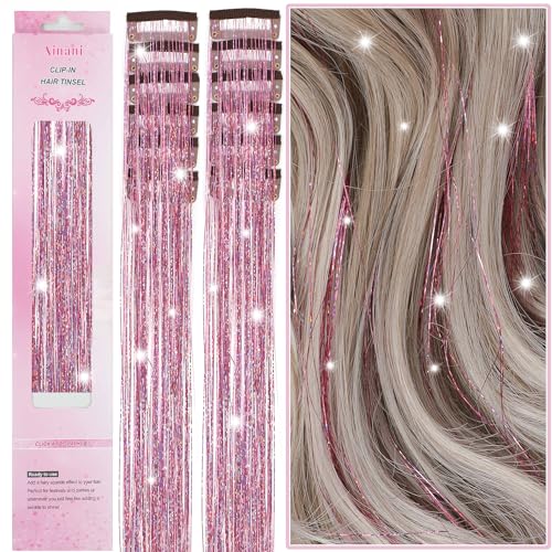 Ainani 12Pcs Hair Tinsel Clip In 20Inch Clip In Hair Tinsel Pink Glitter Tinsel Hair Extensions Heat Resistant Fairy Hair Sparkly Hair Accessories For Girls Women Kids cover