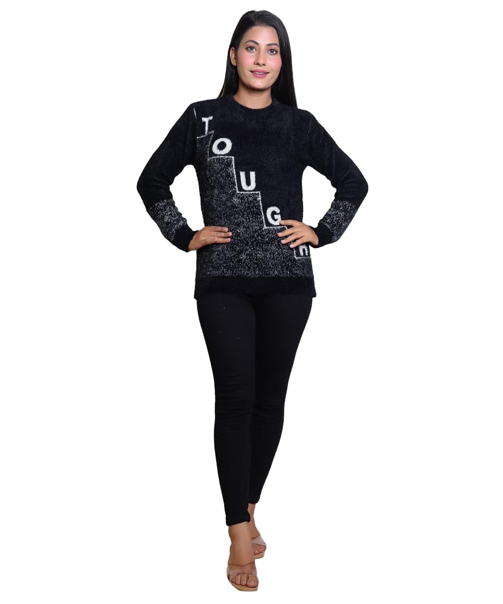 Stylish Winter Woolen Sweater for Women | Soft Knitted Pullover with “Tough” Design | Warm Casual Wear Top for Girls (Black)-image-24