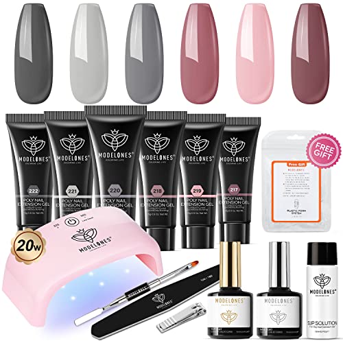 Modelones Polygel Set Poly Gel Nägel Rosa Rot Grau 6 Farben Starter Set Komplett mit UV Lamp 20W und Slip Solution Base Top Coat Acrylnägel für Quick Extension Nagelverlängerung Selber Machen Cover