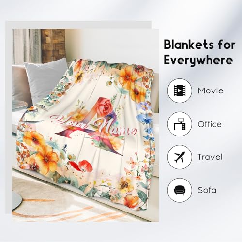 Custom Blanket with Name, Flower Initial Throws Gift for Kids, Soft Anniversary Birthday Gifts for Her, Cozy Flannel Throw Blankets for Couch Office, 30x40 Inches