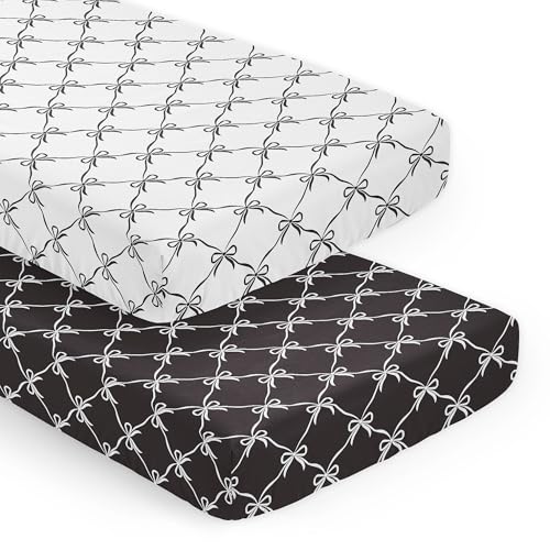 Image of Sweet Jojo Designs 2-Piece Baby Crib Sheets Set (Black and White Bows) for Girls, Infant Nursery, Toddler Room - Fitted, Standard Size (Bow for Shabby, Ballet Dancer, Ballerina Princess Collection)