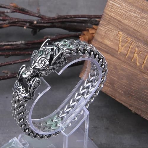 Wolf Bracelet for Men, Norse Wolf Head Bracelet, Vikings Jewelry 316L Stainless Steel Bracelet Men's Mesh Chain, Nordic Jewelry2