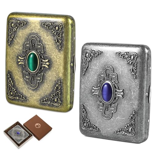 Youeon 2 peças de estojo de armazenamento vintage de metal em relevo, caixa flip dupla face retrô com pedra preciosa, organizador de bolso resistente a esmagamento, porta-cartão antigo, caixa de