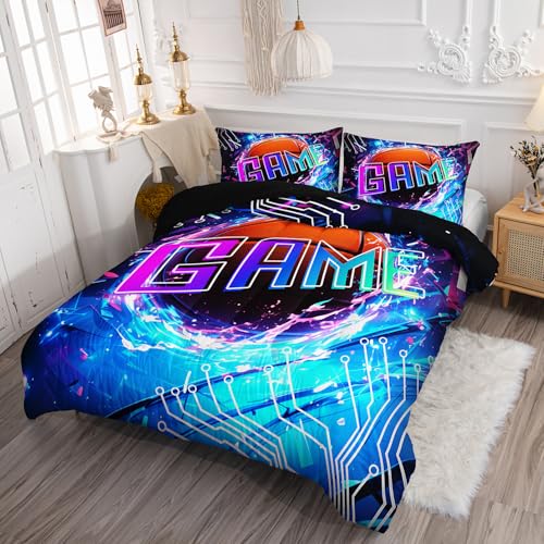 Image of Basketball Comforter Set 3D Sports Theme Printed Bedding Set with 1 Comforter and 2 Pillowcases for Boys and Girls Bedroom All Season(Basketball-2 Full)