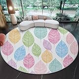 Runder Teppich Runder 120 cm, Waschbar & Rutschfester Weicher Kurzflor Rund Teppich Farbenfrohe Strichzeichnungen Bunte Blätter - für Wohnzimmer Schlafzimmer Gastzimmer Esszimmer Macarons