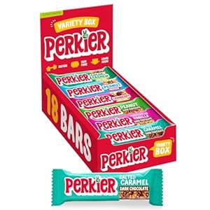 Perkier Variety Box,18 bars, 6 Flavours, Vegan, Gluten Free, Protein, High Fibre, Lower Sugar Snack, Natural Ingredients, Lower Calorie, Healthy, No Palm Oil, Nut Bar, Carbon Neutral