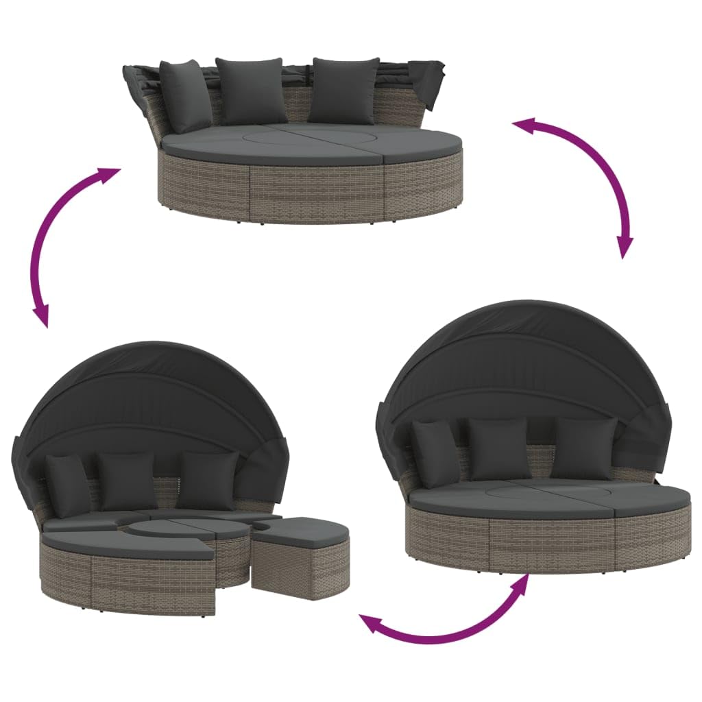Lettino lounge per esterni con tetto e cuscino, grigio, in polyrattan, isola solare, resistente alle intemperie, con imbottitura e protezione solare, per terrazza, balcone, piscina, isola