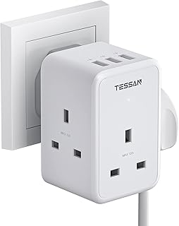 Multi Plug Socket Extensions with 3 USB, TESSAN USB Plug Adaptor UK, 3 Way Multiplug Socket Plug, USB Socket Adapter for Home, Office, School Supplies, Plug Extension 3 Way Plug Adapter with USB
