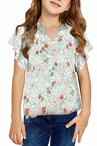 Blibean Girl Summer Blouse Short Sleeve Shirts Tween Kids Ruffle Tops Spring Boho Flower Clothes Floral Clothing Size 12-13 Years Xx-Large Green #TOP26