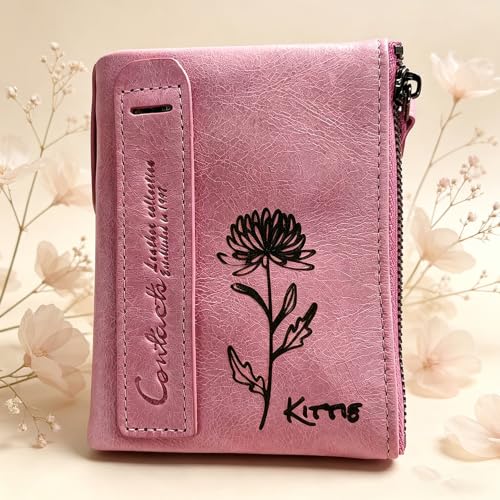 Image of CONTACTS Personalized Wallet for Women Customized Wallet Birth Flower Custom Name Coin Purse Small Double Zipper Card Holder with RFID Blocking