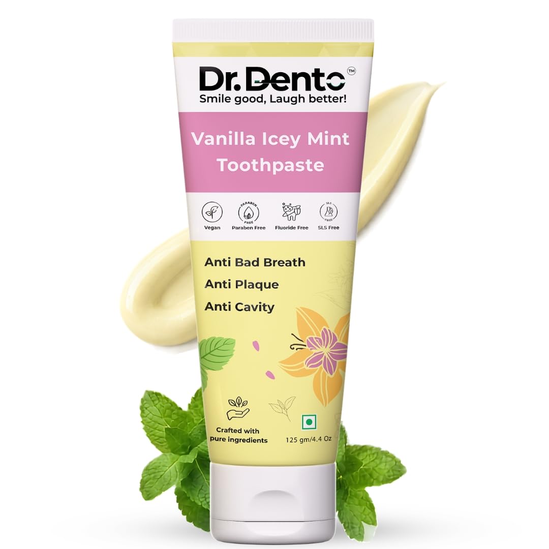 Dr.Dento Vanilla Icey Mint Natural Toothpaste -125gm|SLS & Fluoride-Free|Enamel-Safe Teeth Whitening with Nano Hydroxyapatite & Theobromine for Remineralisation, Cavities & Bad Breath|Organic & Vegan-image-32