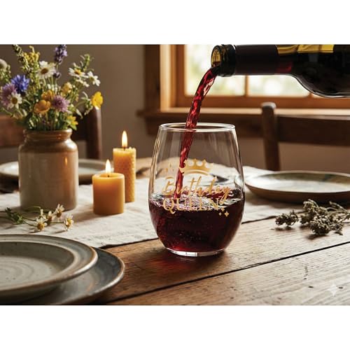 Cottage Garden Birthday Queen Stemless Wine Glass – 15 oz Clear Tumbler – Gold Crown & Lettering – Elegant Birthday Celebration Drinkware by Cottage Garden - Used condition - Image 6