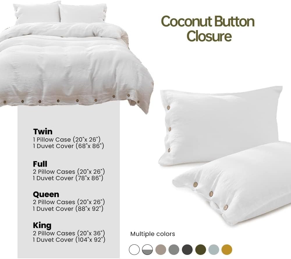 Simple&Opulence 100% Washed Linen Duvet Cover, 3 Pieces Natural Flax French Country Bedding Set, Breathable Farmhouse Comforter Cover with Coconut Button Closure(King,White)